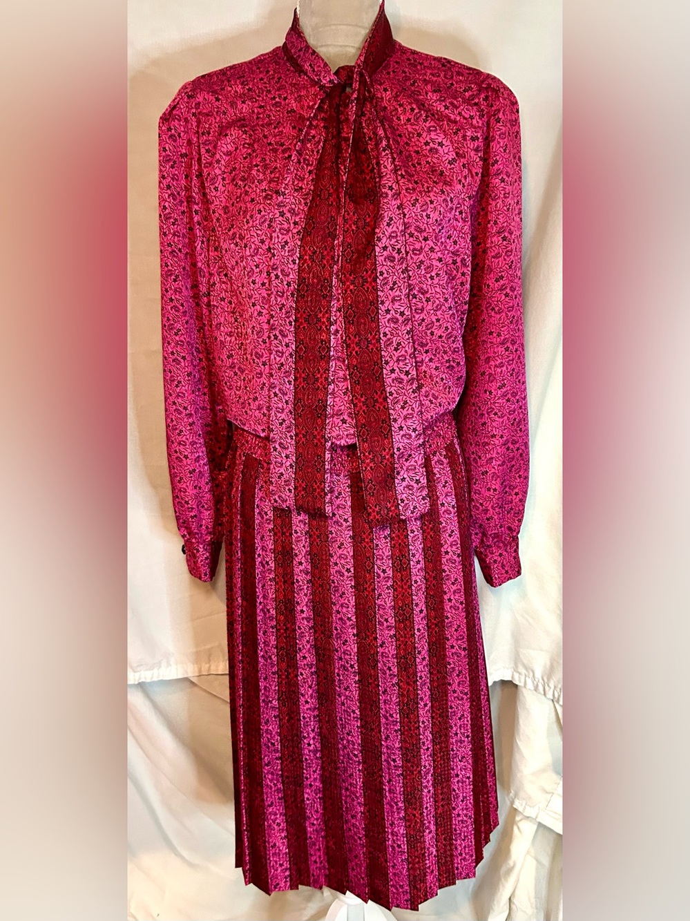 VTG 80s Andrea Gayle Pink, Red Blouson Blouse & Pleated Midi Skirt Set, Size 16